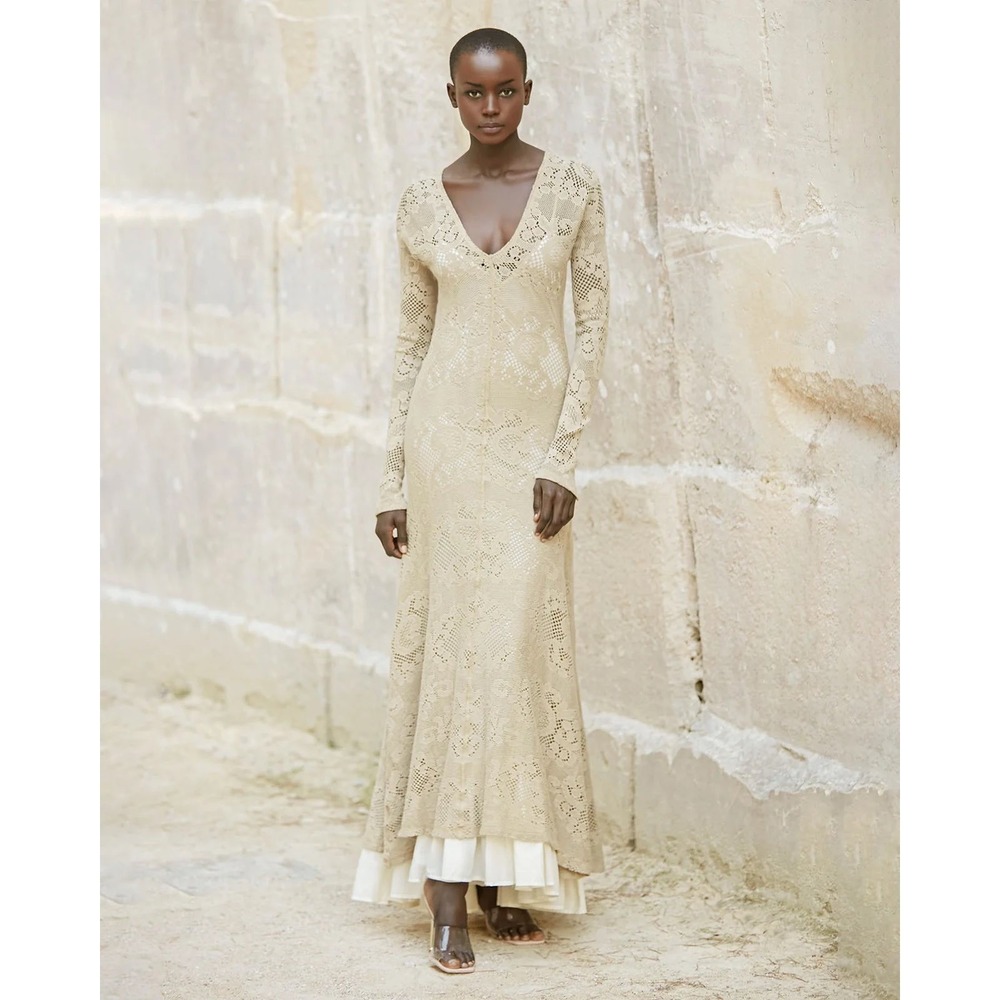 NWT Mes Demoiselles Paris Fantiana Lace Maxi Dress Sand Beige Size 2 (10/12)